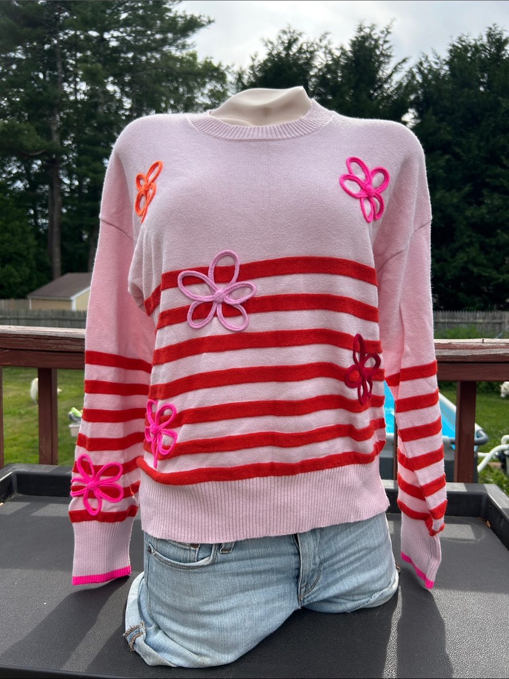 WISPR Pink Striped Sweater with Floral Appliqués Size Med - Cotton Blend